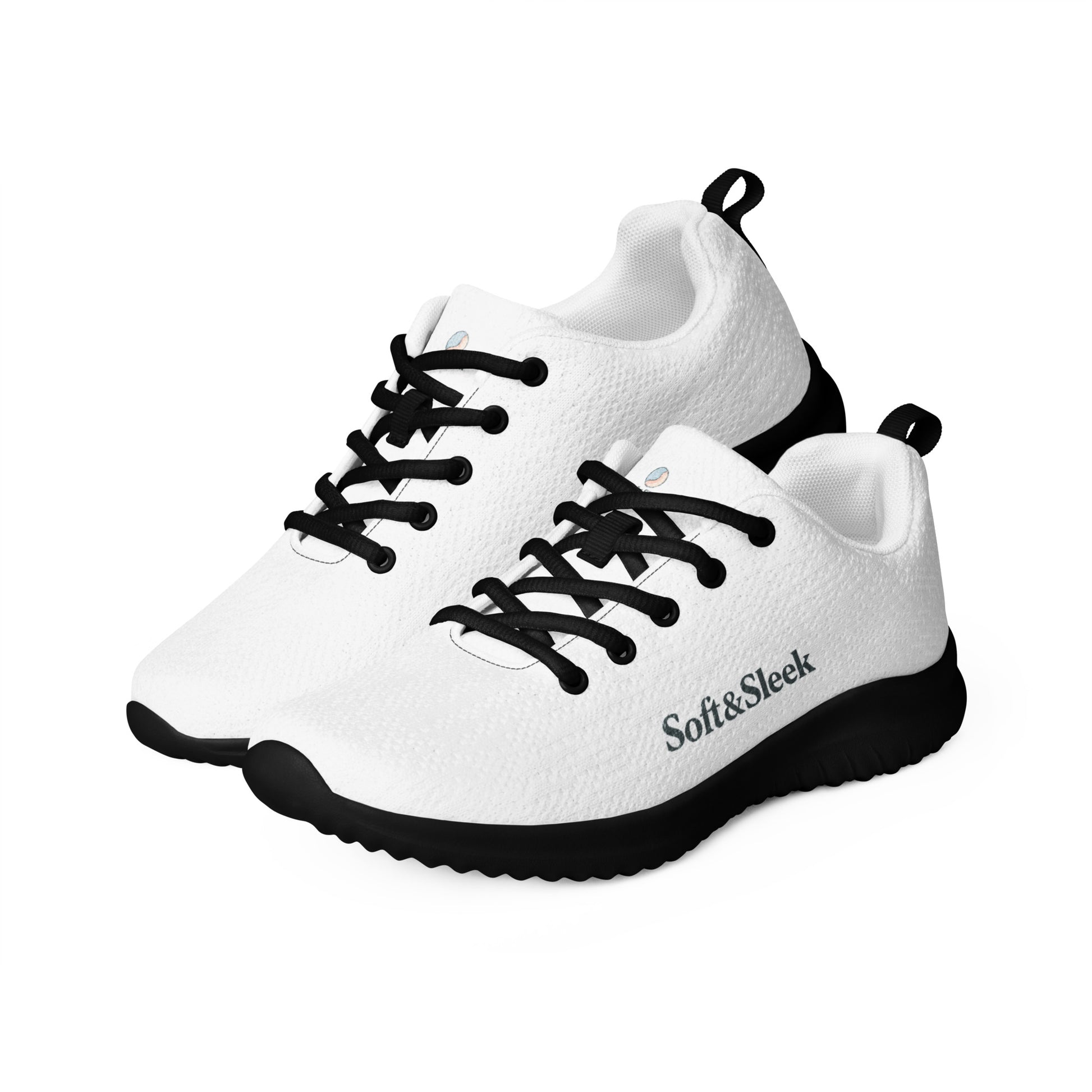 Angled view of a white Soft & Sleek sneaker pair with black soles and black laces on a white background.