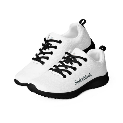 Angled view of a white Soft & Sleek sneaker pair with black soles and black laces on a white background.