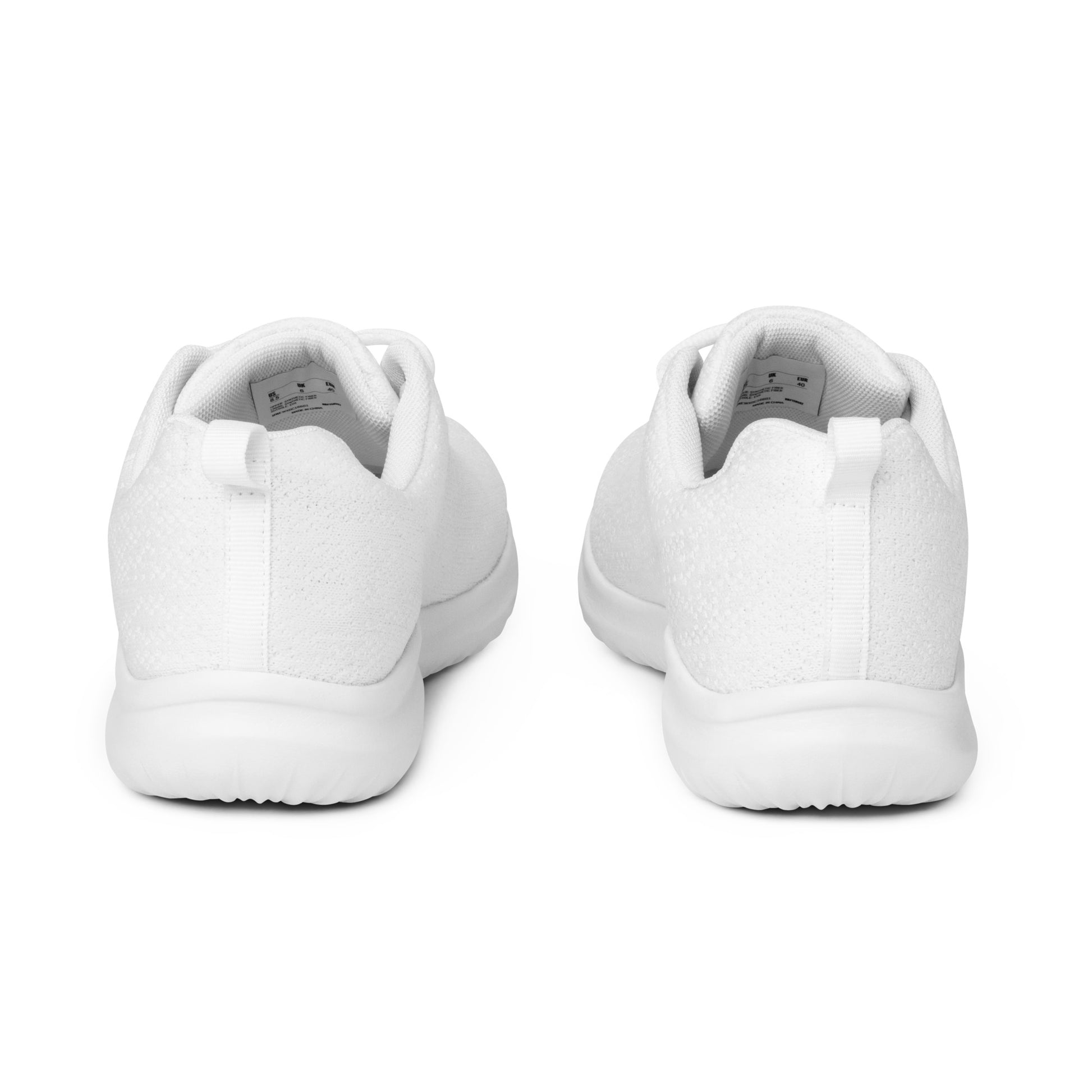 Rear view of a pair of white Soft & Sleek sneakers with white pull tabs.
