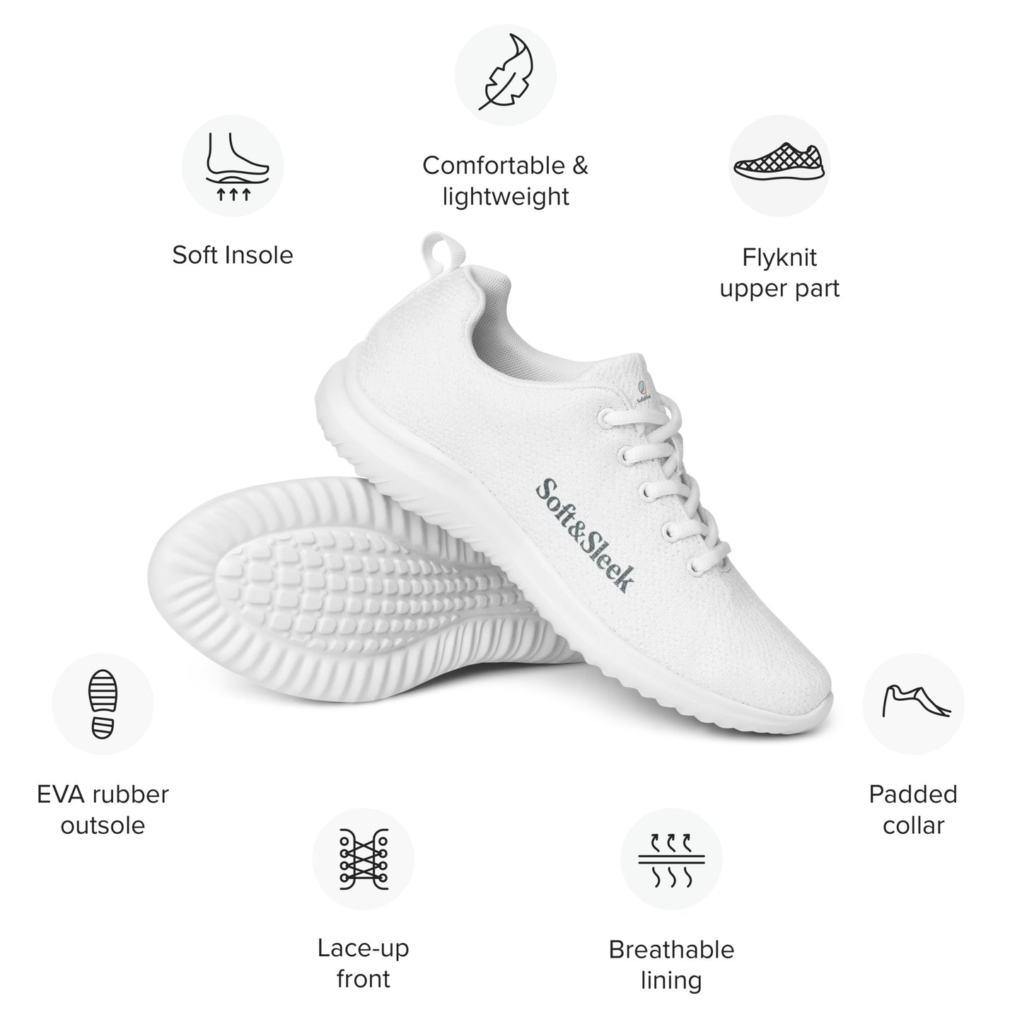 White Soft & Sleek sneaker with text overlay showing features such as soft insole, breathable lining, and rubber outsole.