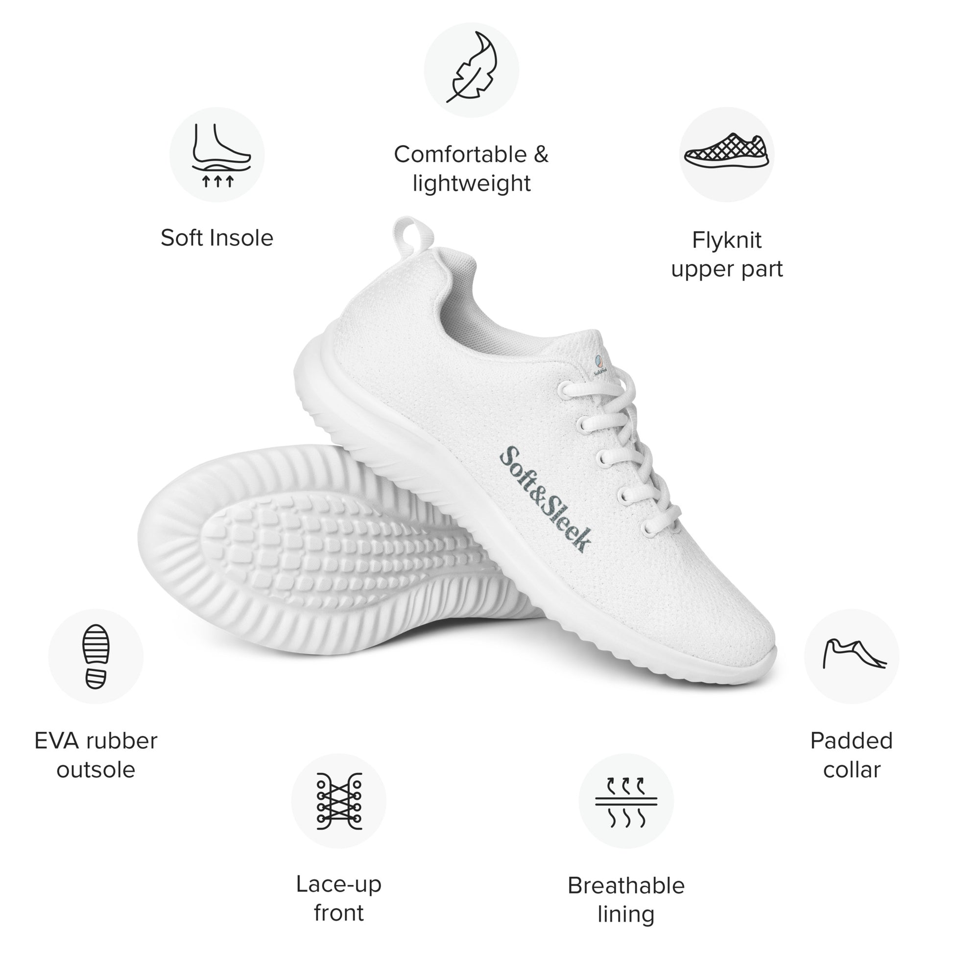White Soft & Sleek sneaker with text overlay showing features such as soft insole, breathable lining, and rubber outsole.