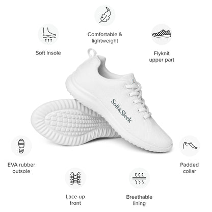 White Soft & Sleek sneaker with text overlay showing features such as soft insole, breathable lining, and rubber outsole.