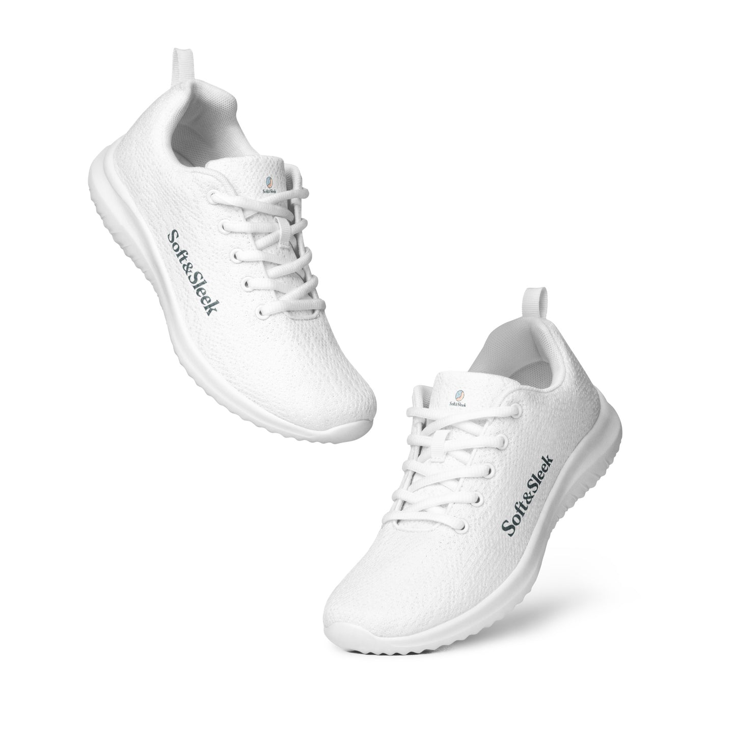 White Soft & Sleek sneaker floating at an angle with shadow underneath.