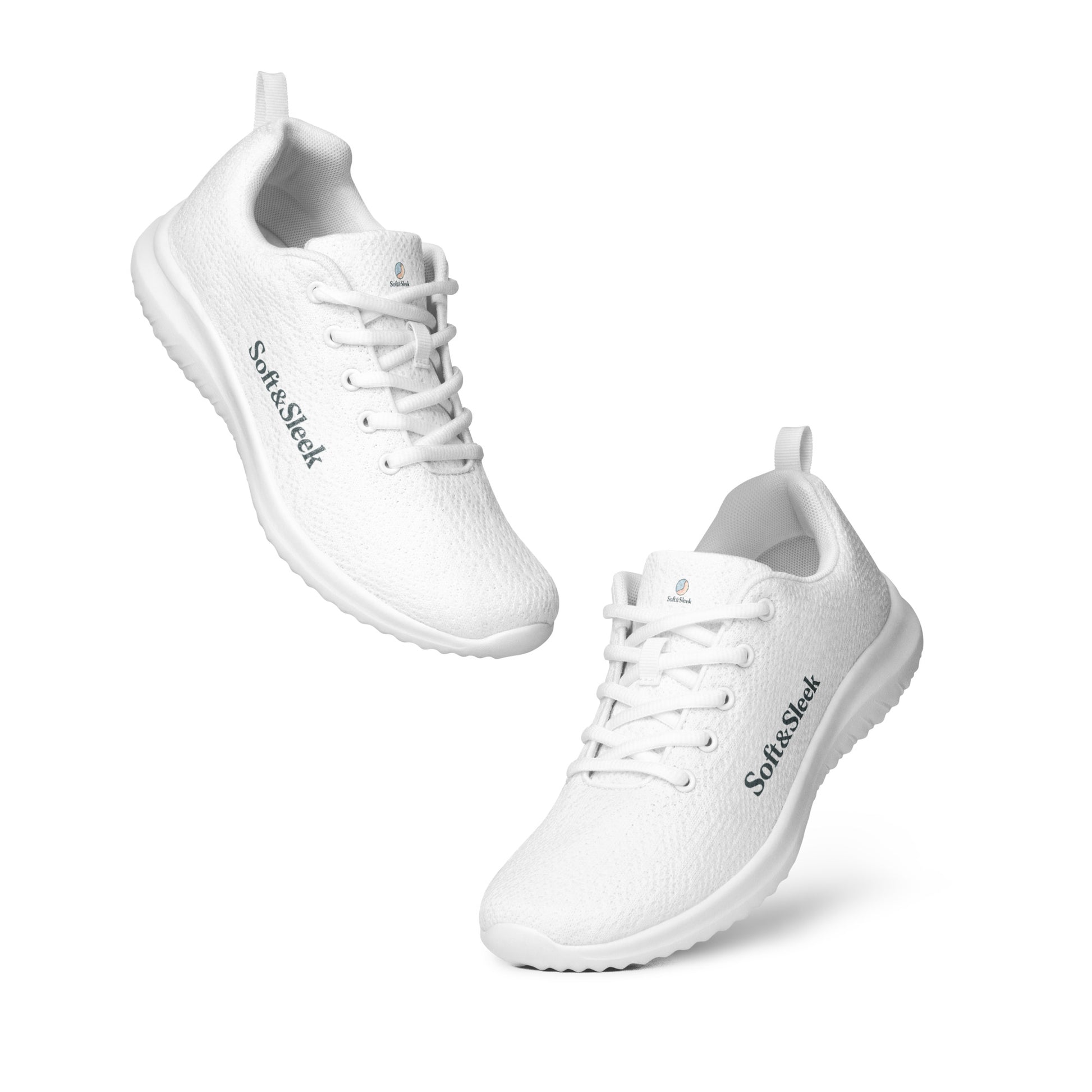 White Soft & Sleek sneaker floating at an angle with shadow underneath.