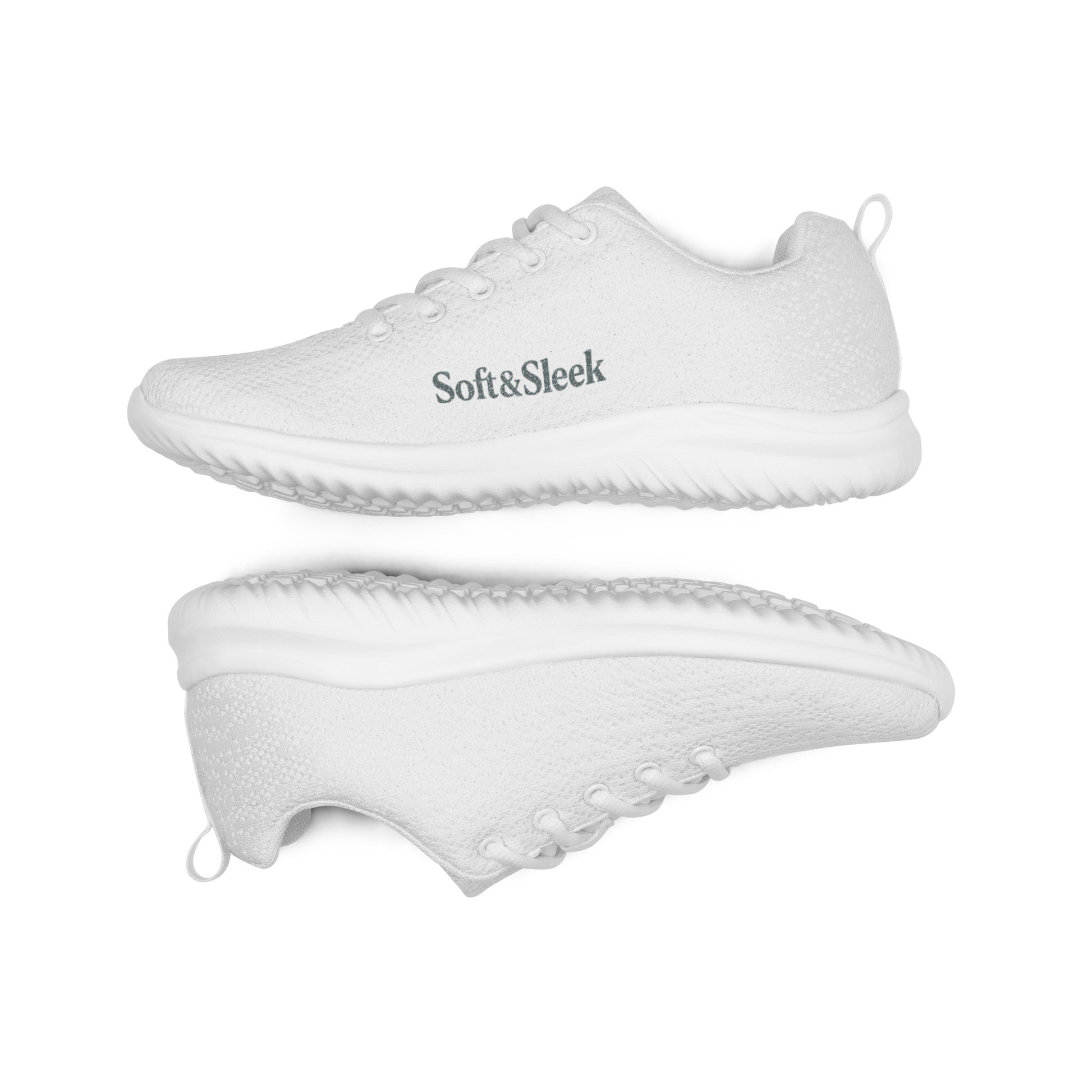 Side-angle view of a white Soft & Sleek sneaker pair on a white background.
