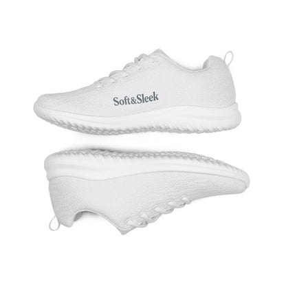 Side-angle view of a white Soft & Sleek sneaker pair on a white background.