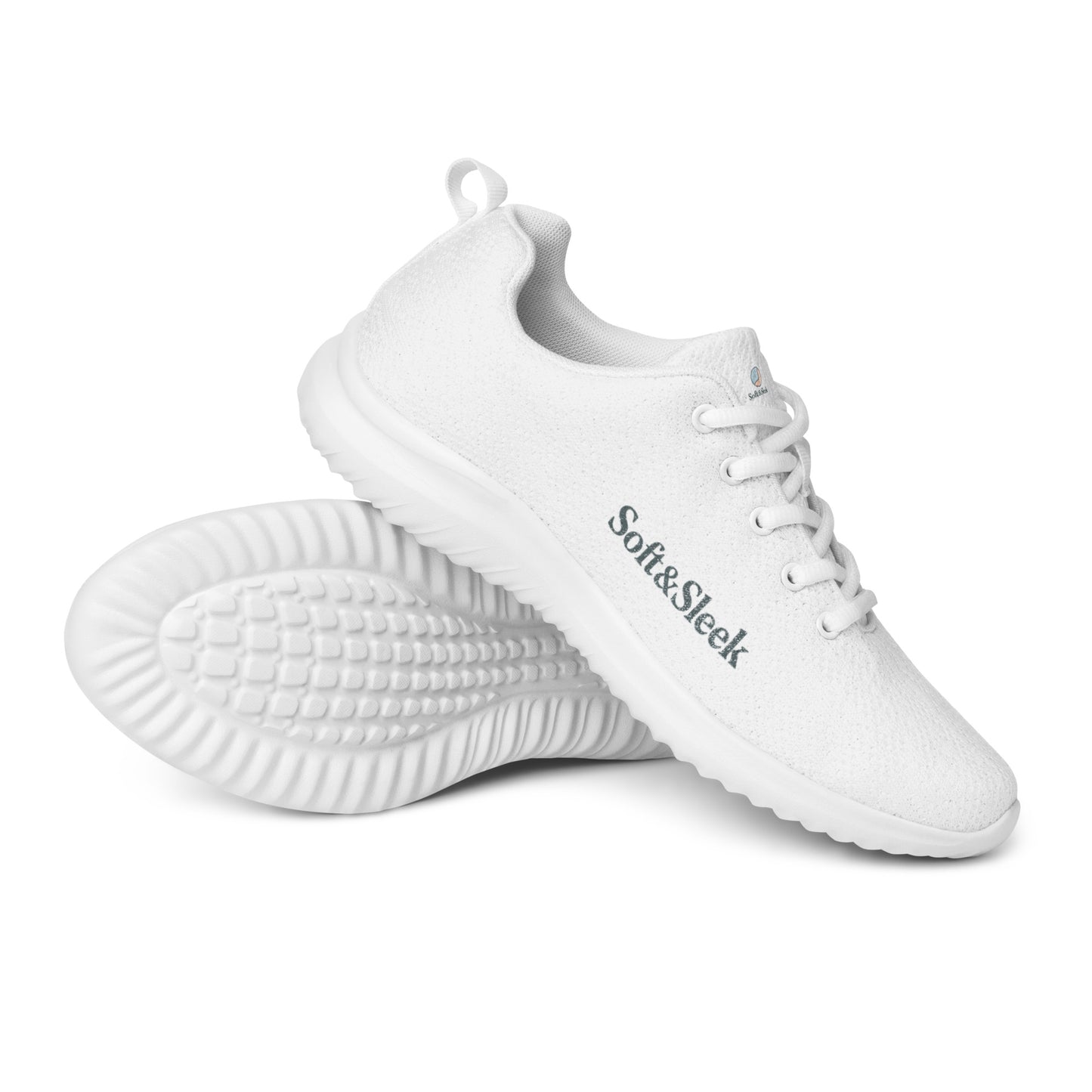 Angled view of a white Soft & Sleek sneaker stacked atop another to show sole and side.