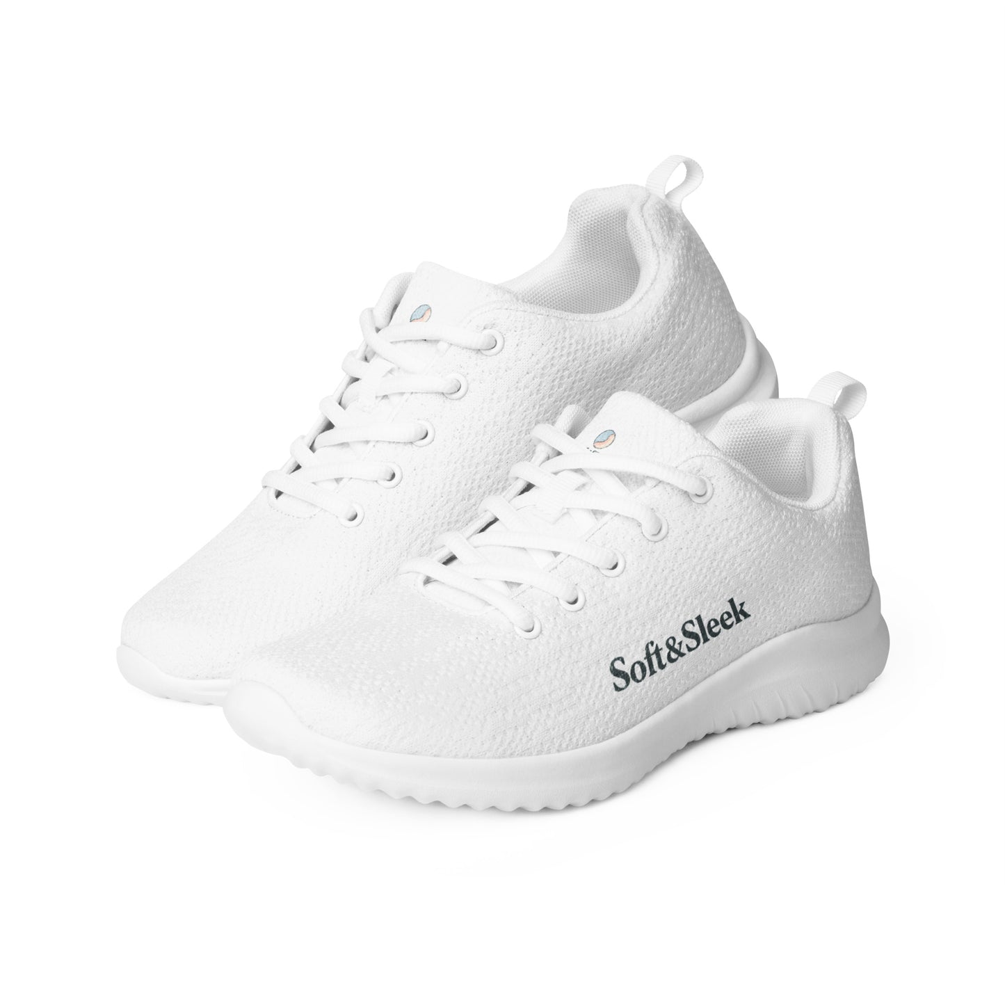 Angled view of two floating white Soft & Sleek sneakers side by side.